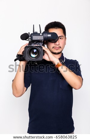 Cameraman young  broadcasting on white background
