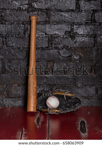 Baseball bat, glove and ball