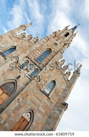 diagonal picture of Gothic Saint Jacek stone church in Chocholow, Poland