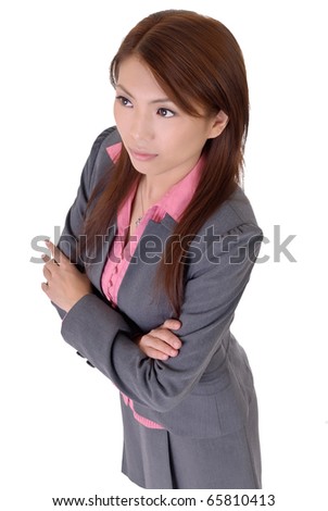 Young executive woman of Asian, closeup portrait over white background.