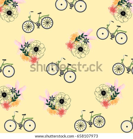 Floral pattern with bicycles .Watercolor Flowers.Vintage design.For textile,t-shirt graphics,wallpaper,web and interior design.Vector illustration. 