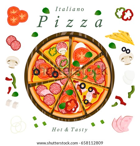 Vector illustration logo for whole round hot pizza, slice triangle, pizzeria menu. Pizza on the wood board, ingredients for pizzeria on the chalkboard, food slices in box. Eat tasty Italian pizzas.