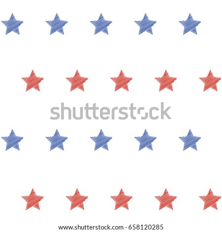 Blue and red embroidered star sparkles lines. American flag colors vector seamless background. Stars with embroidery texture on white, stitch effect pattern. USA 4th of july pattern