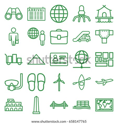 Travel icons set. set of 25 travel outline icons such as passport, truck crane, arrival table, coliseum, pyramid, bridge, monument, road, slippers, cargo ship, lugagge