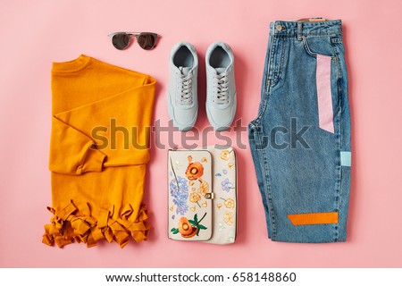 Flat Lay Shot Of Female Autumn Clothing And Accessories Royalty-Free Stock Photo #658148860