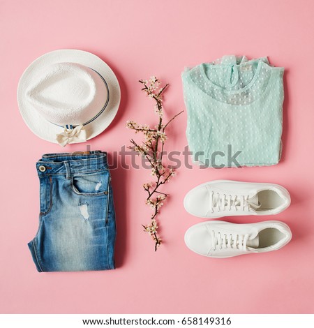 Flat Lay Shot Of Girls Spring Clothing And Accessories Royalty-Free Stock Photo #658149316