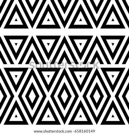 Vector seamless pattern. Decorative ornament, figurative design template with striped black white triangles. Background, texture with optical illusion effect. Decor for card tile textile parquet wall