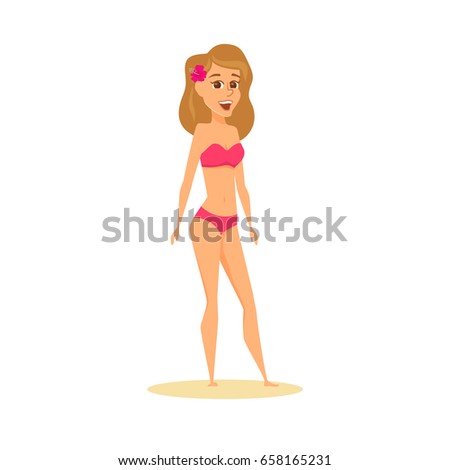 Woman  in bikini. Happy girl on beach in swimsuit standing and smile. Cartoon summer female character isolated on white