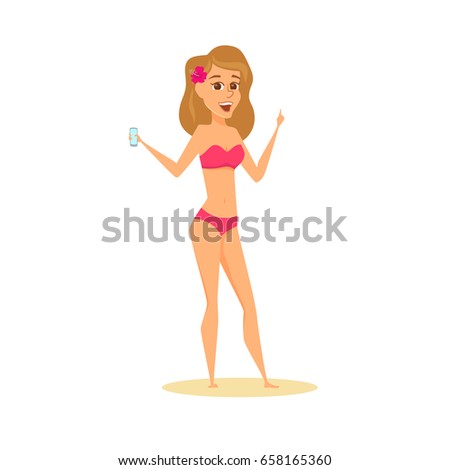 Women in bikini shows phone and with raised index finger. Happy girl on beach in swimsuit holding a digital device. Cartoon summer female character with smartphone isolated on white