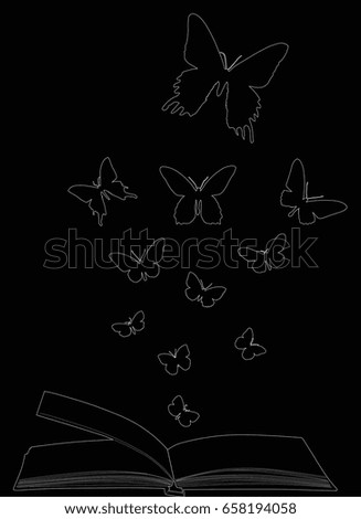illustration with butterflies flying above open book isolated on black background