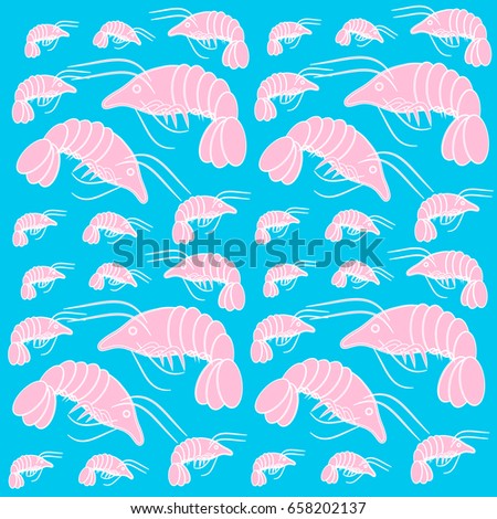 Shrimps isolated on blue background. Marine life. Vector illustration.