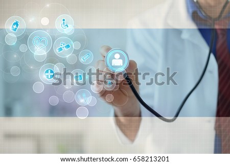
Doctor hand touching  circle on virtual screen, healthcare and medical background concept 