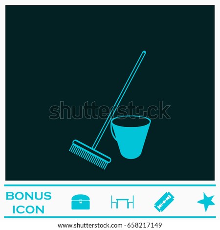 Bucket and rake for sandbox icon flat. Blue pictogram on dark background. Vector illustration symbol and bonus icons