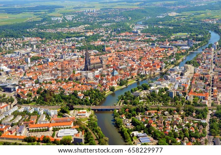 Closer Aerial view of Ulm Minster (Ulmer Münster) and Ulm, south germany on a sunny summer day
