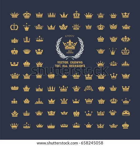 Vector collection of creative king and queen crowns symbols or logo elements. Set of Geometric vintage crown Royalty-Free Stock Photo #658245058