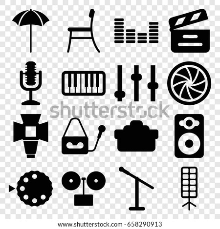 Studio icons set. set of 16 studio filled icons such as movie clapper, speaker, microphone, equalizer, piano, soft box, camera shutter, camera lense, studio umbrella