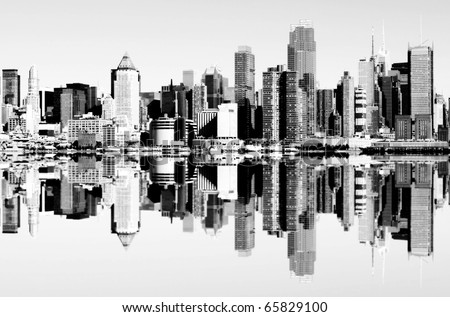 photo of new york city skyline over the hudson river. black and white new york skyline mirror reflection. nyc Manhattan midtown new york landmark.