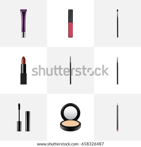 Realistic Eyelashes Ink, Make-Up Product, Day Creme And Other Vector Elements. Set Of Cosmetics Realistic Symbols Also Includes Lip, Cosmetic, Mascara Objects.