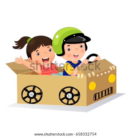 Boy and girl driving with cardboard car