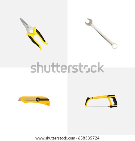 Realistic Scissors, Stationery Knife, Arm-Saw And Other Vector Elements. Set Of Tools Realistic Symbols Also Includes Knife, Shear, Stationery Objects.