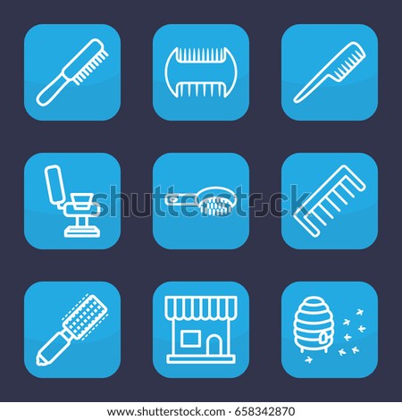 Comb icon. set of 9 outline comb icons such as comb, hair brush, beauty salon, barber chair