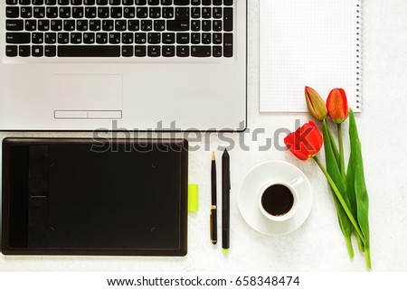 Flat lay photo of office desk with laptop, tablet, notebook and coffee. Selective focus. Copy space