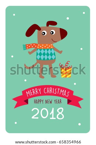 cute puppy dog merry christmas and happy new year 2018 greeting