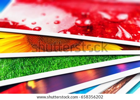 Creative abstract digital photography and photographic picture visual imaging art concept: 3D render illustration of the macro view of stack of colorful photo cards with selective focus effect