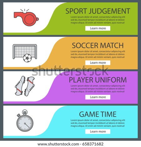 Soccer web banner templates set. Whistle, ball in gates, boots, stopwatch. Website color menu items. Vector headers design concepts