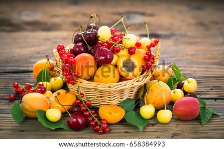 Fresh summer fruits in the basket Royalty-Free Stock Photo #658384993