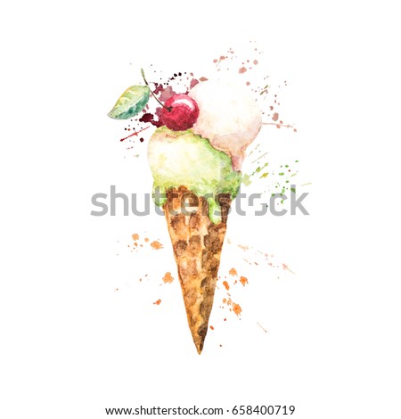 Watercolor ice cream cone with paint splashes. Bright illustration for greeting cards; poster, t-shirts etc.
