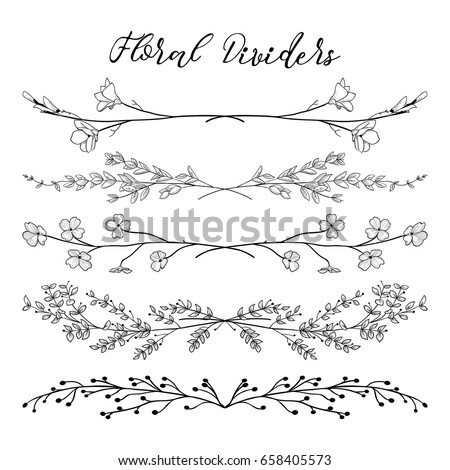 Black Hand Drawn Doodle Dividers, Line Borders with Branches, Herbs, Plants and Flowers. Decorative Outlined Vector Illustration. Floral Dividers