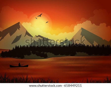 Professional fisherman, sunset, fishing. Vector illustration the nature, mountain, lake