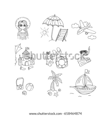 Vector black and white doodle set with favorites summer things. Traditional symbols sun, beach, boat , swimming suit, girl in sunglasses, sand castle Freehand illustration isolated on white background