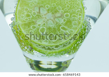 Slice Of Lemon In Water Bubbles of wine glass On white Background,background,texture.