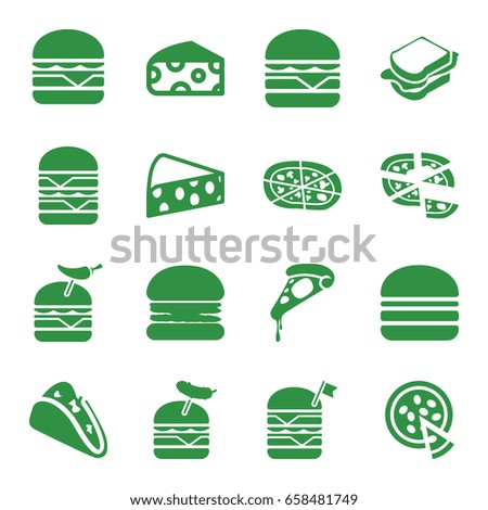 Cheese icons set. set of 16 cheese filled icons such as cheese, taco, pizza, sandwich, double burger with flag, burger with pepper