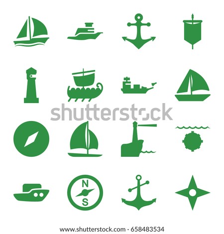 Nautical icons set. set of 16 nautical filled icons such as lighthouse, boat, sailboat, anchor, ship, compass, sail