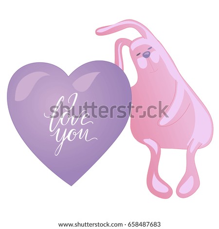 Cute rabbit and heart solated on white background. I love you lettering and heart. Vector illustration