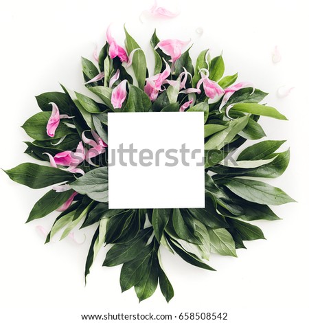 Pastel wooden frame decorated with green leaves, space for text. mock up