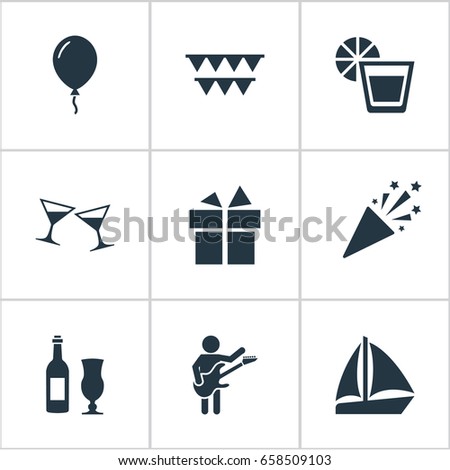 Vector Illustration Set Of Simple Party Icons. Elements Confetti, Lemonade, Wineglasses And Other Synonyms Music, Celebration And Fresh.