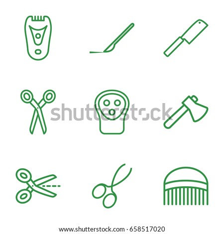 Cut icons set. set of 9 cut outline icons such as barber scissors, comb, manicure scissors, electric razor, axe, scalpel, butcher knife