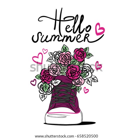 Sneakers with flowers illustration isolated vector. Summer print.