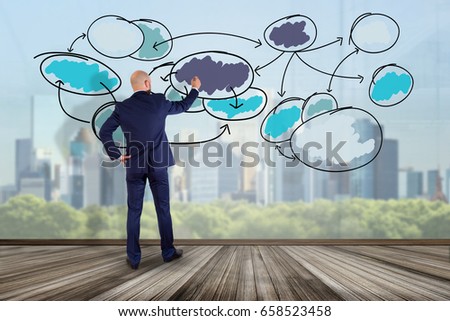 View of a Businessman in front of a wall writing on a business chart organization - Business concept