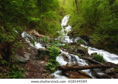Krasnaya Polyana, Sochi, Russia. Rapid mountain river and beautiful waterfall with a height of ten meters. Spring. Yellow sunlight