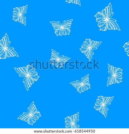 Seamless pattern with white lacy butterflies on blue background. Vector illustration.
