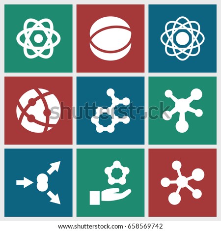 Particle icons set. set of 9 particle filled icons such as atom, atom move