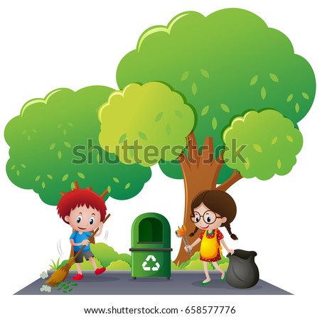 Boy and girl cleaning the road illustration