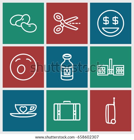 Clipart icons set. set of 9 clipart outline icons such as bean, milk, cup with heart, suitcase, yawn emot, dollar smiley, scissors