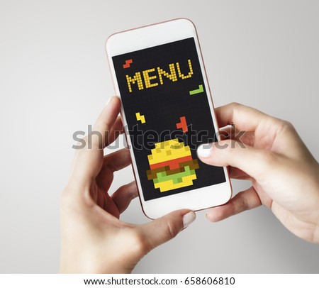 8 bit illustration of tasty burger meal on mobile phone