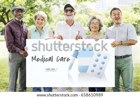 Senior people holding billboard network graphic overlay